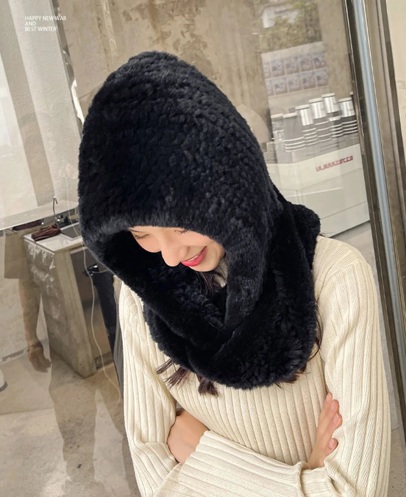 Women Real Knitted Rex Rabbit Fur Hat Hooded Scarf Long Winter Warm Fur Hat With Neck Collar Scarves Hat Scarf 241225