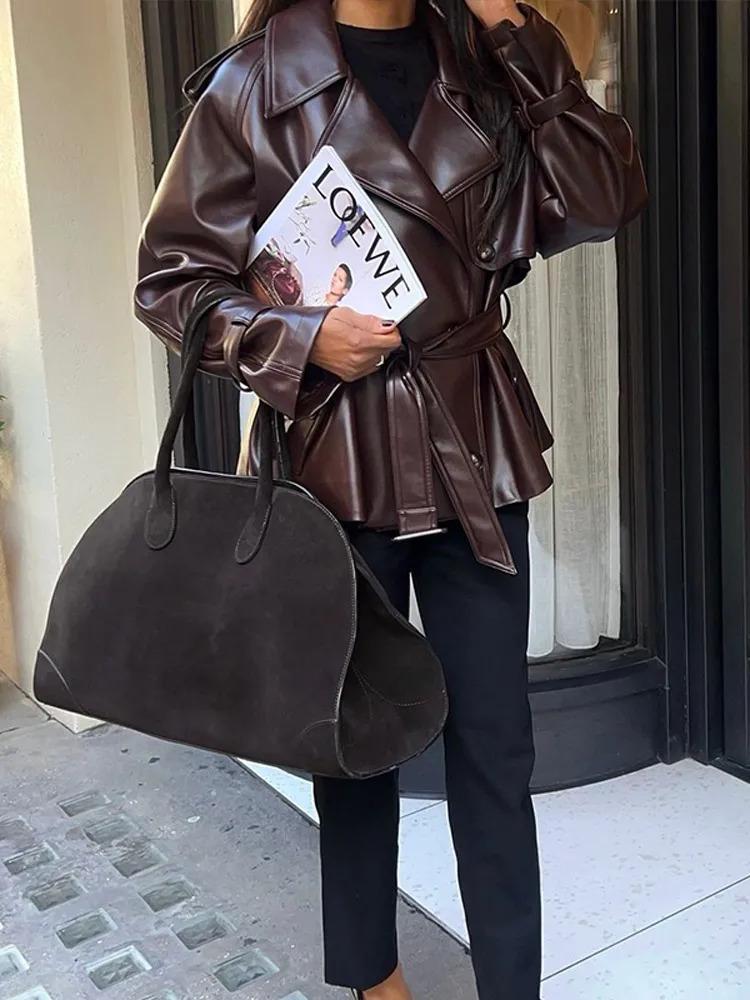 Retro Deep Brown Lace Up Lapel Leather Jacket Women Chic Long Sleeve Button Pocket Slim Coat Lady Winter High Street Outwear 241225