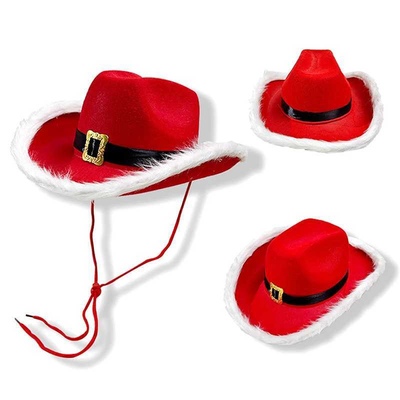Christmas Red Cowboy Hat Winter Womens Feather Black Belt Soft Hat Adjustable Comfortable Santa Claus C W241225