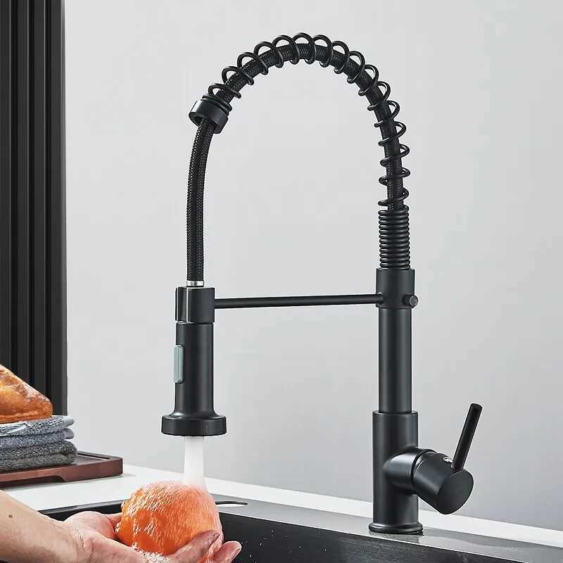 Matte black Pl kitchen faucet Chre dual-mode nozzle hot and cold water mixer crane faucet brass spring kitchen sink faucet Y241226