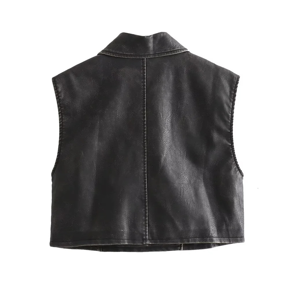 2024ZAR SpringSummer Selling Womens Fashion Retro Worn Washed Leather Vest Short Casual Top 241220