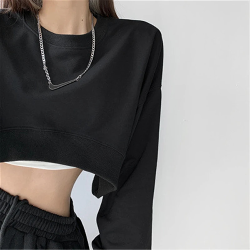Women Long Sleeve Cropped Crop Top Hoodies Sweatshirt Causal Loose Pullover Tops Dropship 241225