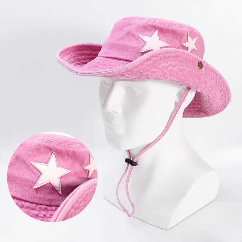 Y2K Pink Star Wild Western Cowboy Cs Neutral Collar Dr Rope Adult Size Fashion Trench Cowboy Cloth Adjustable Bucket Hat W241225
