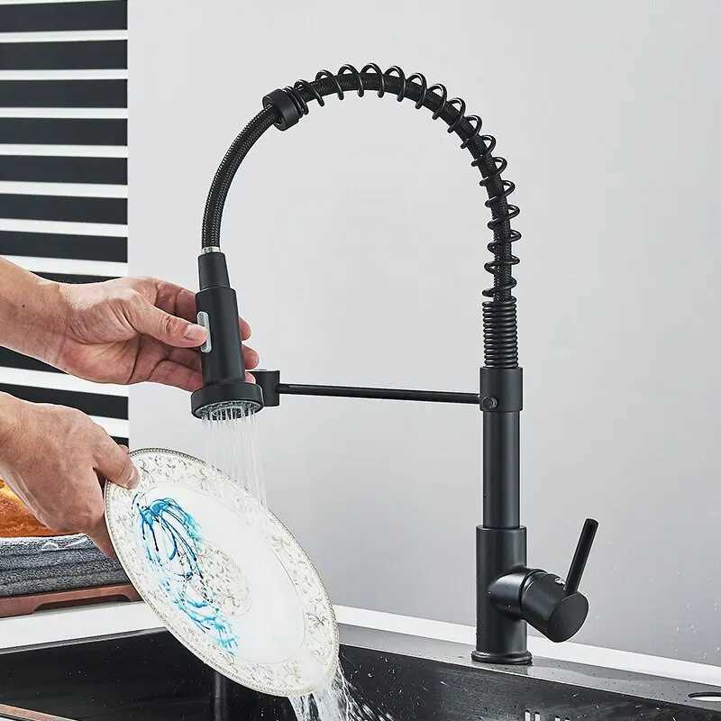 Matte black Pl kitchen faucet Chre dual-mode nozzle hot and cold water mixer crane faucet brass spring kitchen sink faucet Y241226