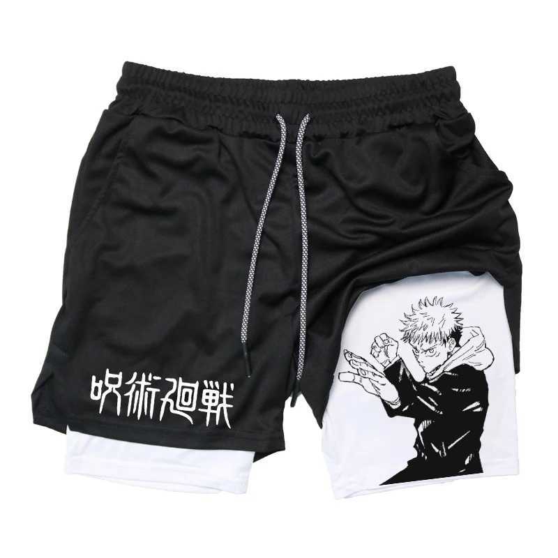 Anime Graphic 2 in 1 Compression Shorts for Men Gym Workout Running Shorts with Phone Pockets Athletic Quick Dry ActivewearXJ241226