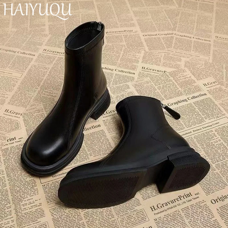 Ankle Boots for Women Chunky Fashion Shoes Platform Warm Leather Short Plush Boots Cozy Walking Goth Mujer Chelsea Botas 241226