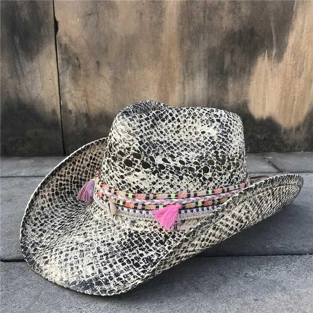 Womens Str Hollow Western Cowboy Hat Elegant La Tassel Sombrero Hombre Hat Charm Sunbonnet Cowboy Hat W241225
