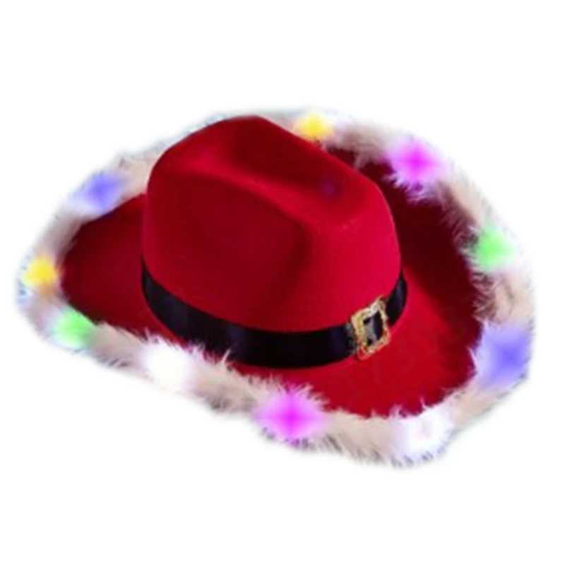 Christmas Cowboy Hat Womens Felt Cowboy Hat Party Glitter Christmas Hat Mens Role Playing LED Light Hat W241225