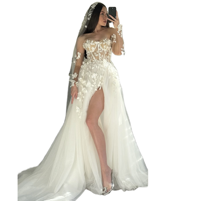 Sexy Illusion Beach Wedding Dresses Side Split Off Shoulder Long Sleeves Boho Bridal Gowns Lace Appliques Ivory Tulle Bride Dress Back Lace-Up