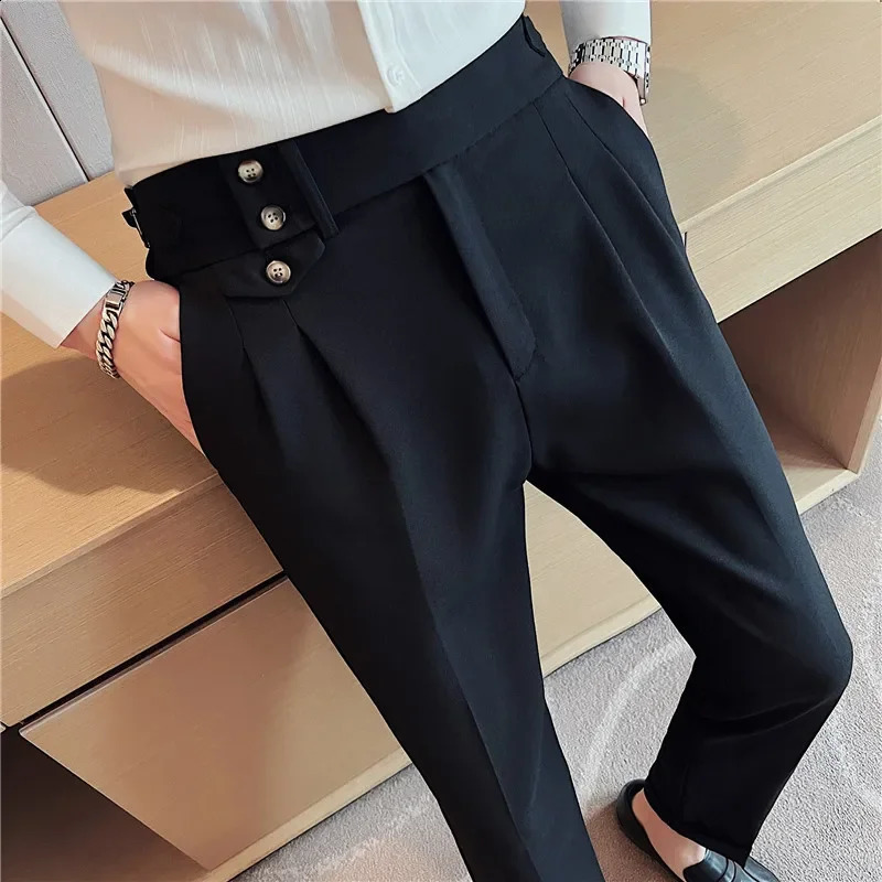 Spring Autumn Men High Waist Belt Casual Slim Formal Dress Pant Men Social Office Wedding Party Dress Suit Pants 260306