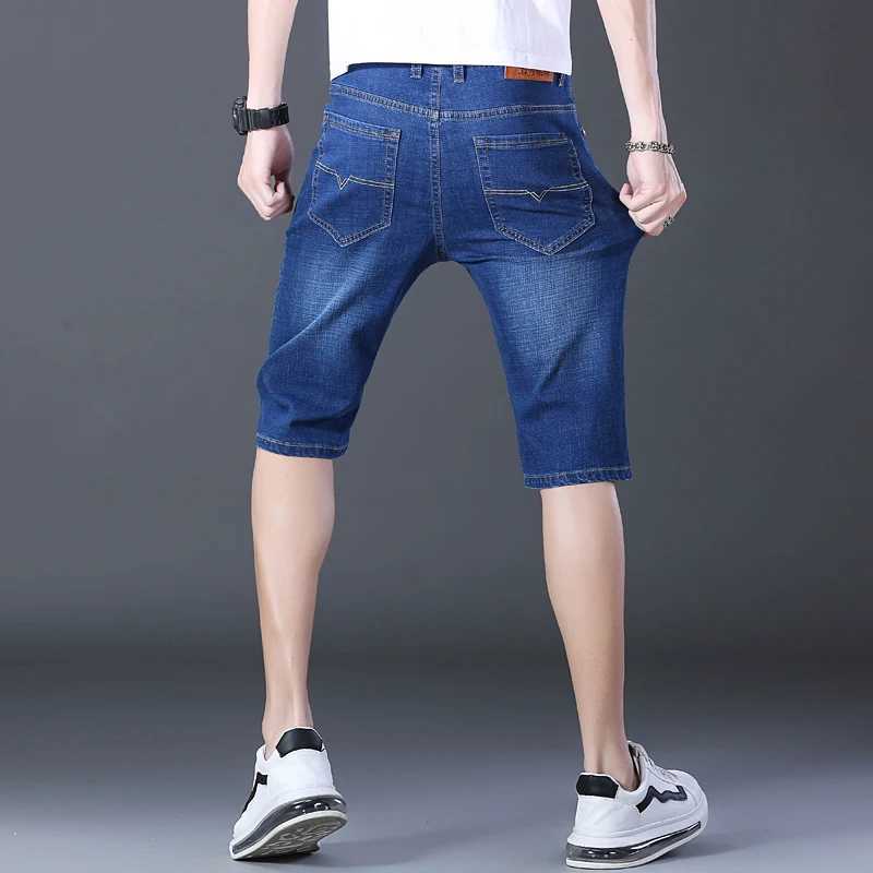 Mens casual denim shorts cotton elastic straight high-quality knee length jeans retro fashion blue shorts W241226