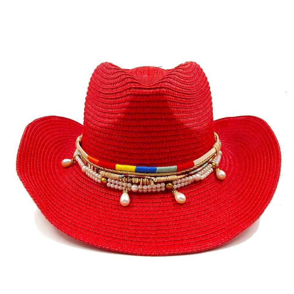 Red cowboy hat for men and women single color curly ear outdoor beach rider hat cowboy hat W241225