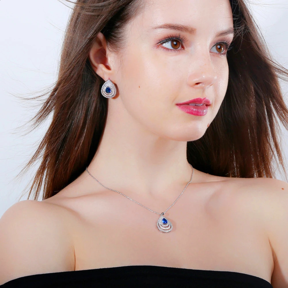 ThreeGraces Elegant Earrings and Necklace Ladies Blue Cubic Zirconia Teardrop Fashion Party Jewelry Set For Girls Women T1025 241226