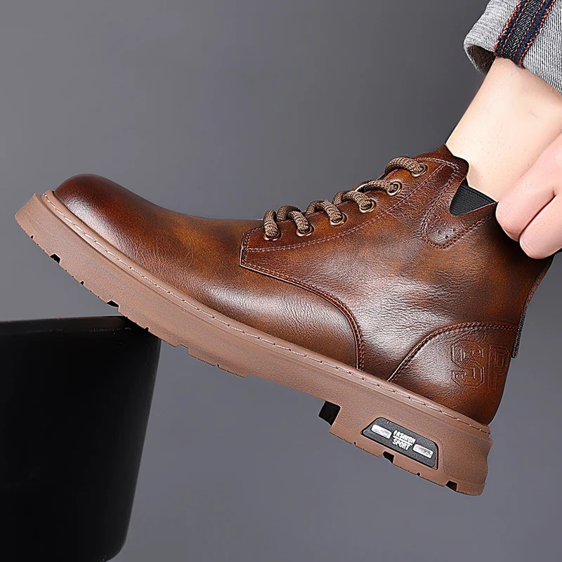 Italian Mens Boots High Top Outdoor Plush y Business Casual Leather Ankle Men Platform Round Toe Boot 241225