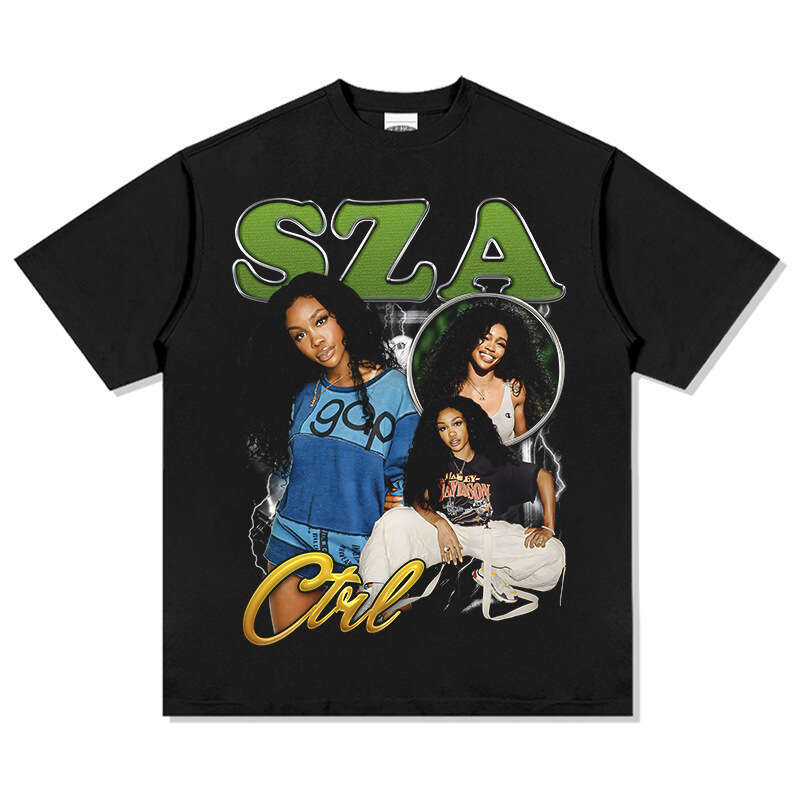 American style new Shisha SZA printed short sleeved T-shirt, washed and worn pure cotton round neck hooded sweatshirt