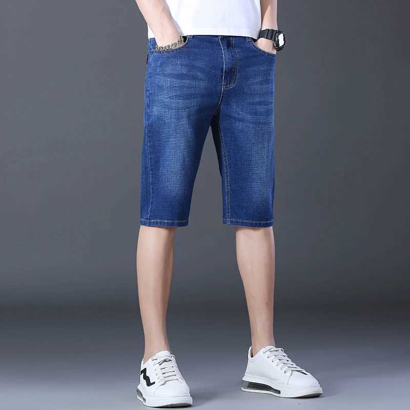 Mens casual denim shorts cotton elastic straight high-quality knee length jeans retro fashion blue shorts W241226