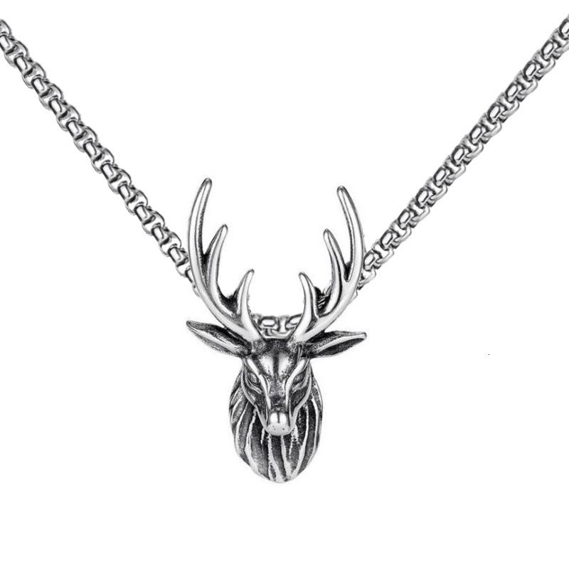 Mens Antique Silver Pendant Necklace with Steel Chain Hip Hop Versatile Deer Antler Animal Charm Sweater Chains Bijoux Rap Jewelry for Men Collar Wolf