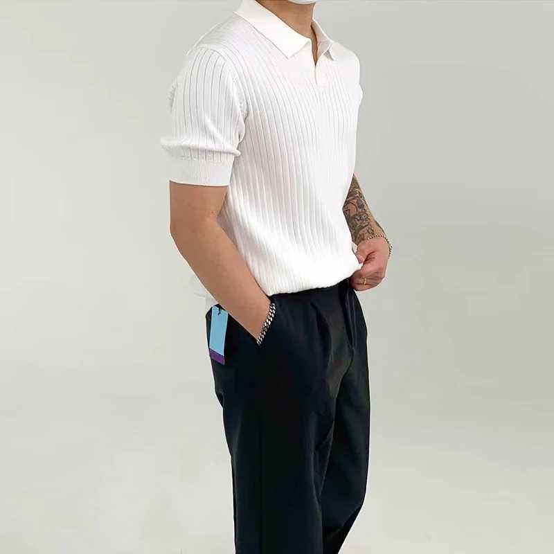 Fashion knitted solid color mens polo shirt ultra-thin short sleeved lapel ribbon polo T-shirt 2023 summer mens clothing casual top W241226