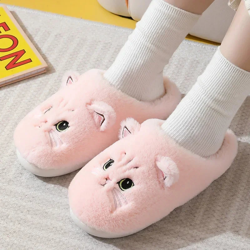 Cute Cat Slippers Fluffy Furry Women Home Platform Slippers Men Winter Plush Slides Indoor Fuzzy Slippers Lovely Cotton Shoes241226