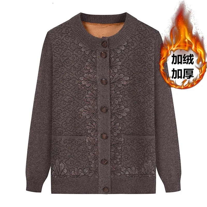 Winter Middle Aged Elderly Womens Clothing Grandma Cardigan Sweater Mother Plus Velvet Warm Knitted Coat Long Sleeve Top 241225