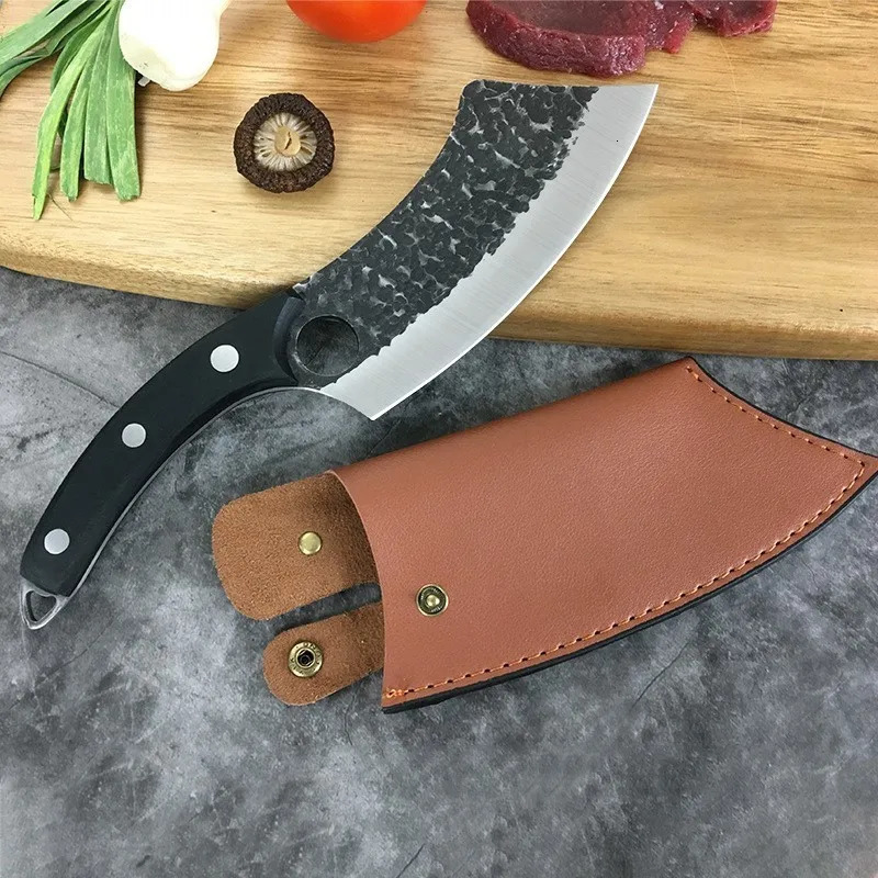 Chefs knife forging stainless steel butcher kitchen meat Boning lawnmower curved knife cutting redwood black wood handle finger ring 241225
