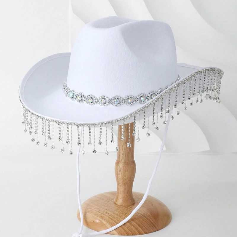 Womens denim hat with Rhinestone tassel decoration wide brown wedding hat for Fiancee shower engagement party wedding W241225