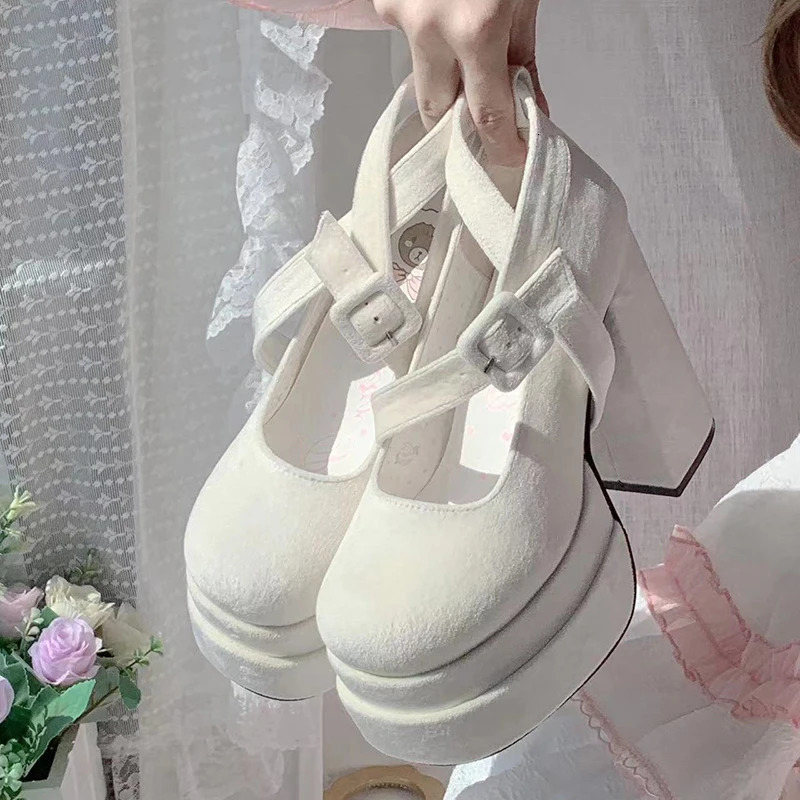 White High Heels Mary Jane Lolita Shoes Women Y2K Chunky Platform Thick Heeled Pumps Woman Diy Ankle Straps Cosplay Shoes 241225