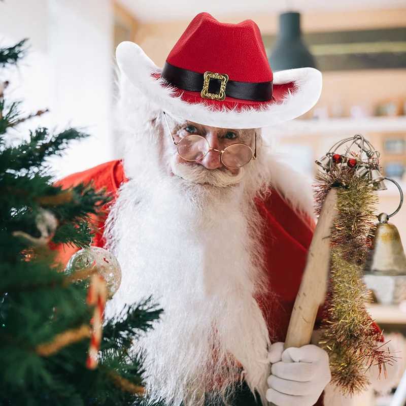 Christmas Red Cowboy Hat Winter Womens Feather Black Belt Soft Hat Adjustable Comfortable Santa Claus C W241225