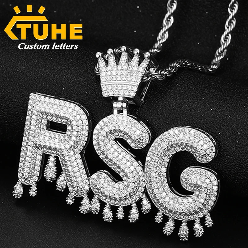 Iced Out Letter Custom Name Necklace Pendant For Men Hip Hop Jewelry Personalized Crown Drippy Cubic Zircon Charms Gift 241226