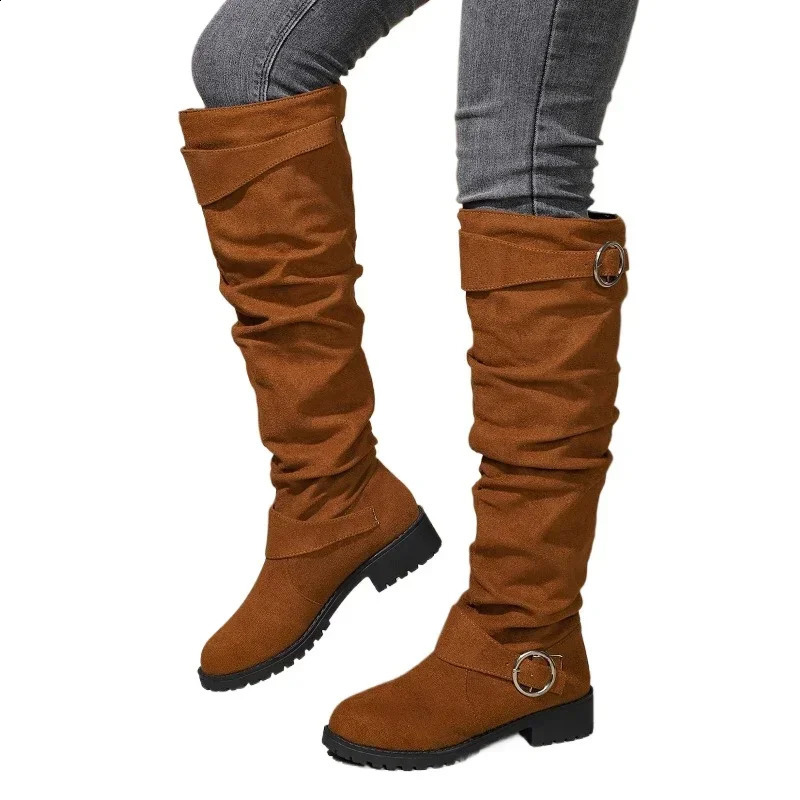 Ladies Shoes Slip-on Womens Boots Fashion Belt Buckle Modern Boots Women Plus Size Solid Knee-High Boots 241226