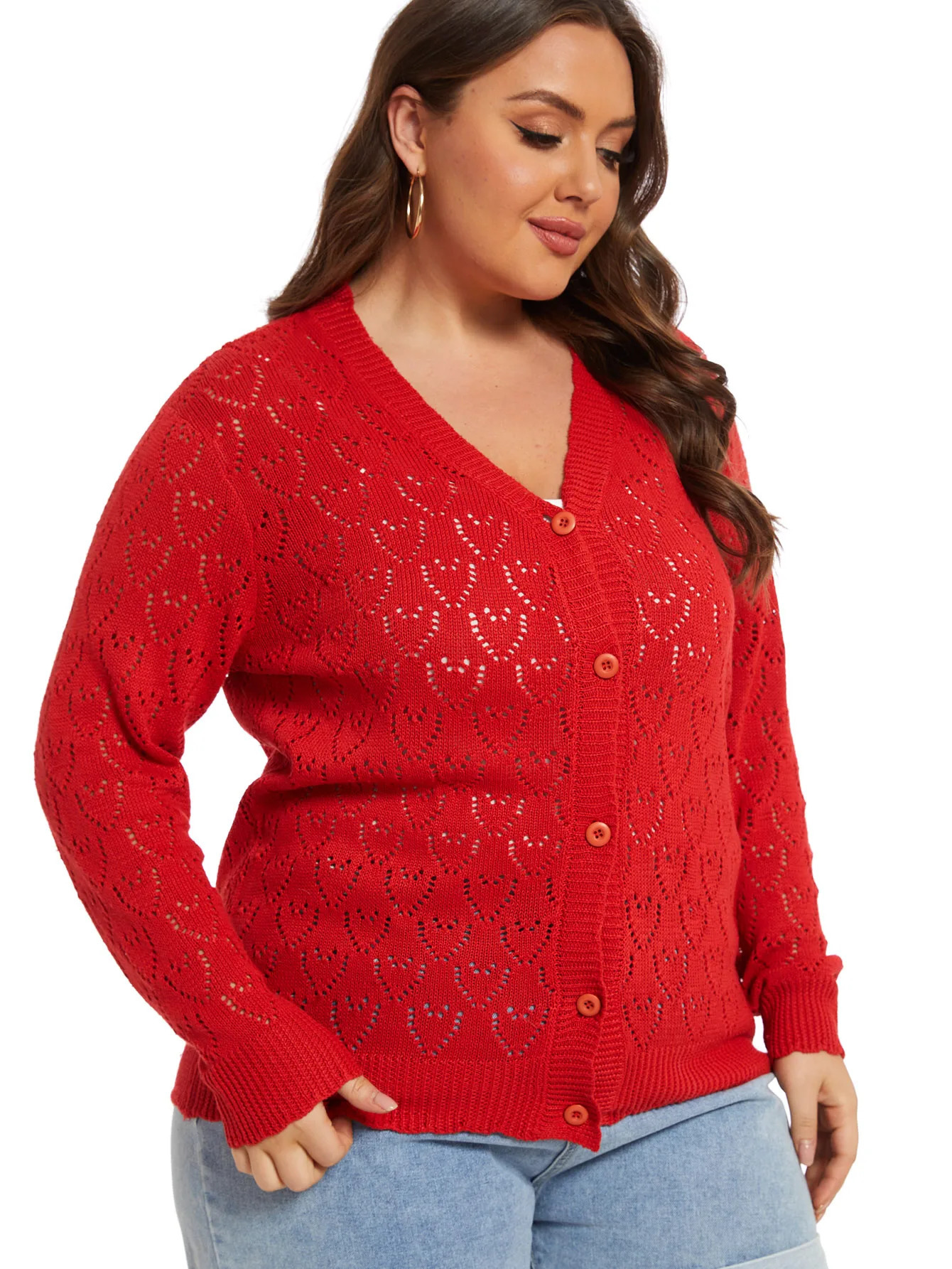 Plus Size Heart Print Long Sleeve Cardigan Womens Slight Stretch Casual Sweater 241225