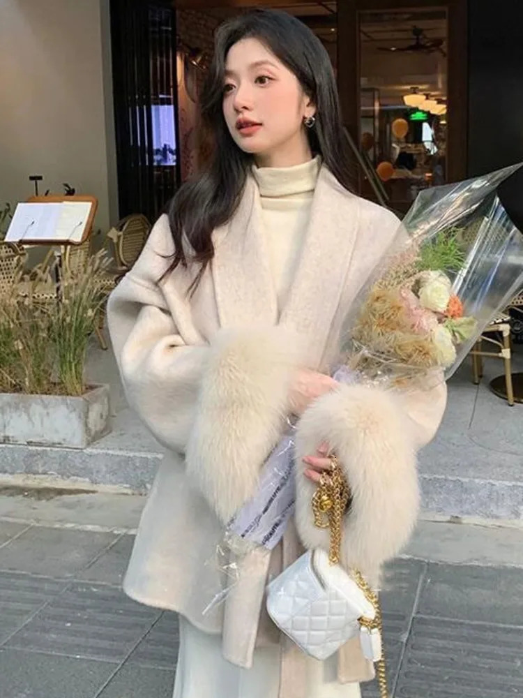 DFDG Fashionable Minimalist Lace Up 2024 Autumn And Winter Item Cloak Style Cashmere Woolen Coat Jacket For Women 241225