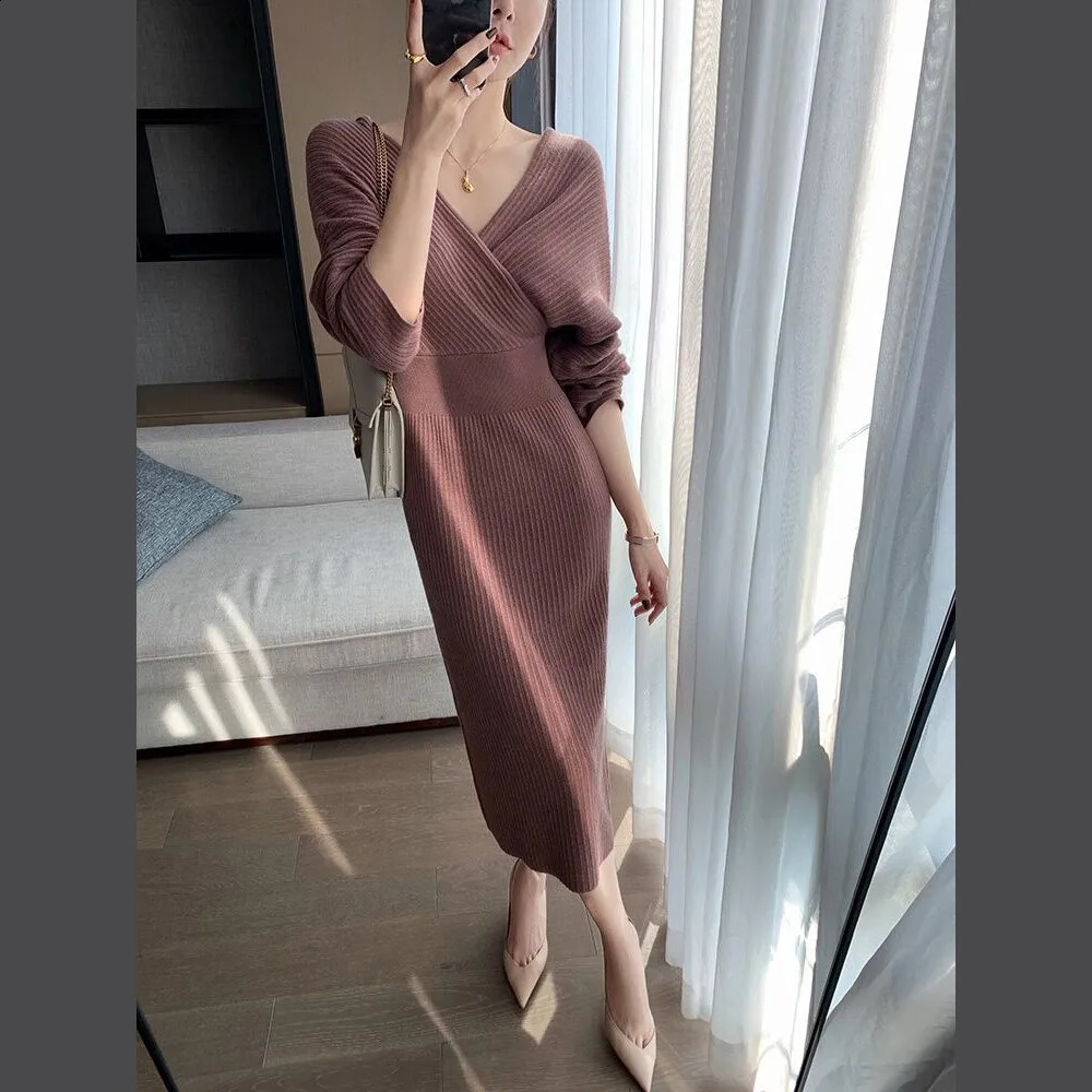 Knitted Sweater Dress Women Autumn Winter V-neck With Long Slim Knit Dresses Female High Waist Elegant Evening Party Dress 241224