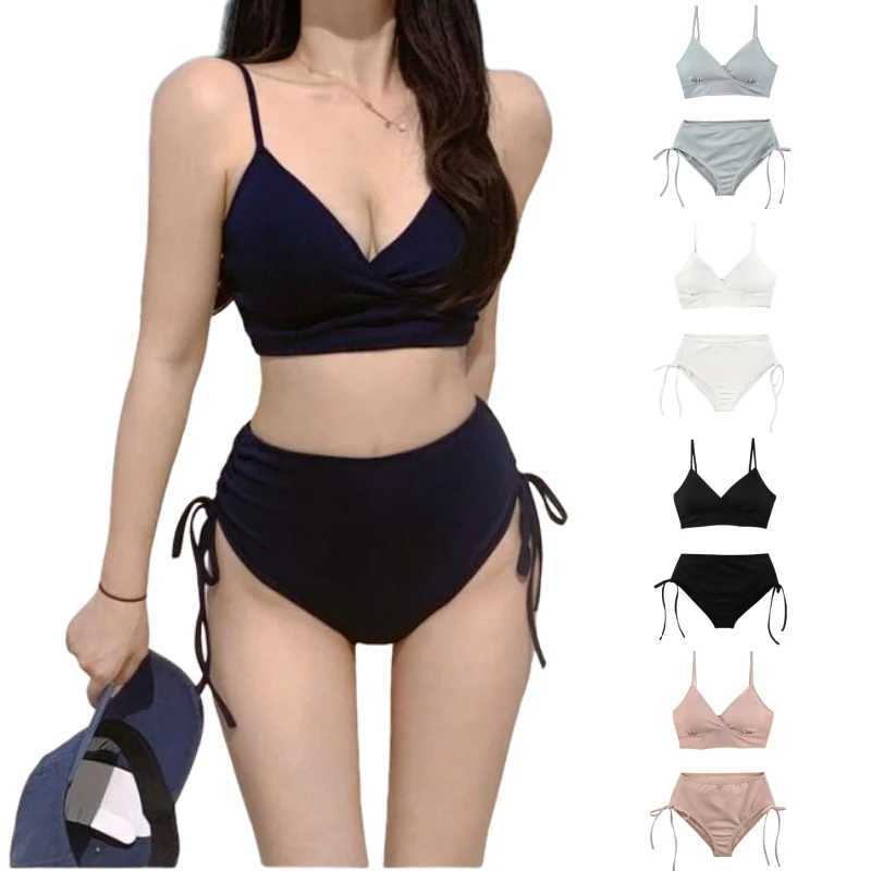 XGNVPY New Korean Two Piece Swimsuit Womens Solid Color Tight Waist Stretch Triangle BikiniW241225