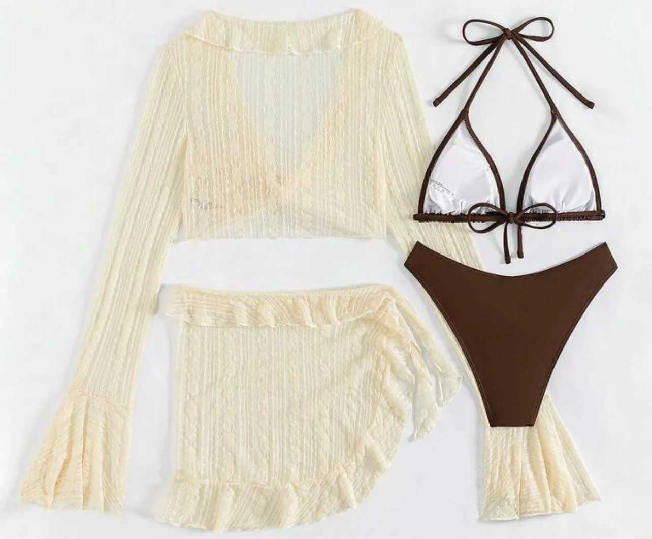 Womens solid mini bead bikini set 4 pieces with mesh cover top and tight swimsuit beach set BiquiniW241225