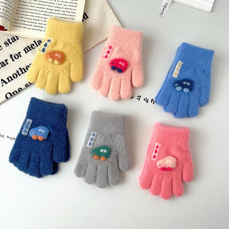 Cartoon Car Baby Gloves Winter Thick Knit Warm Boy Girl Full Finger Mittens Outdoor Windproof Toddler Kids Five 241225