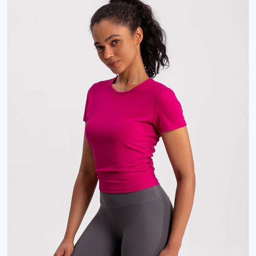 Women Seamless Ribbed Sports Breathable Gym Tops Sport Blouse Shirt Short Sleeve Running T-Shirt Yoga Shirts