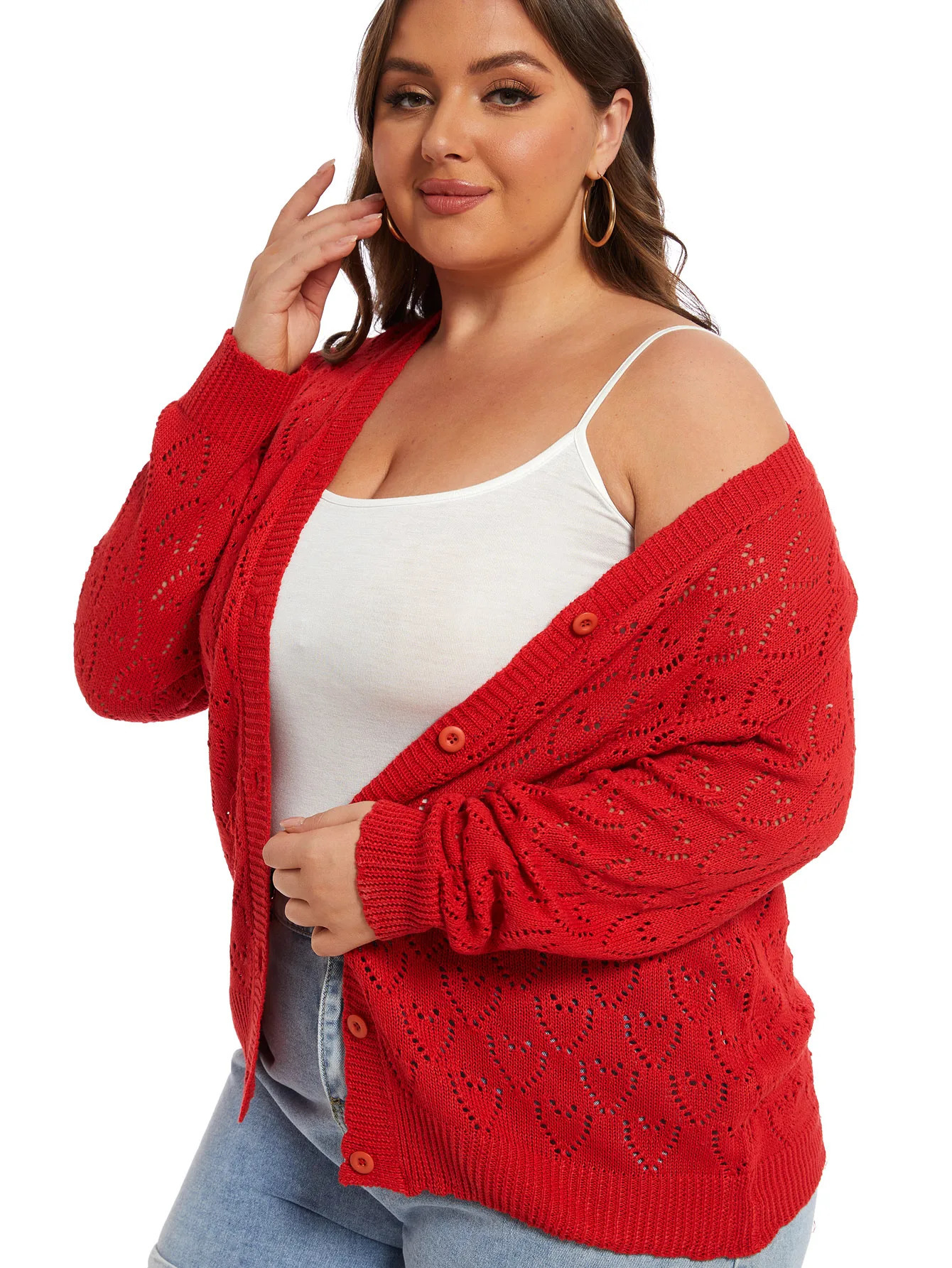 Plus Size Heart Print Long Sleeve Cardigan Womens Slight Stretch Casual Sweater 241225