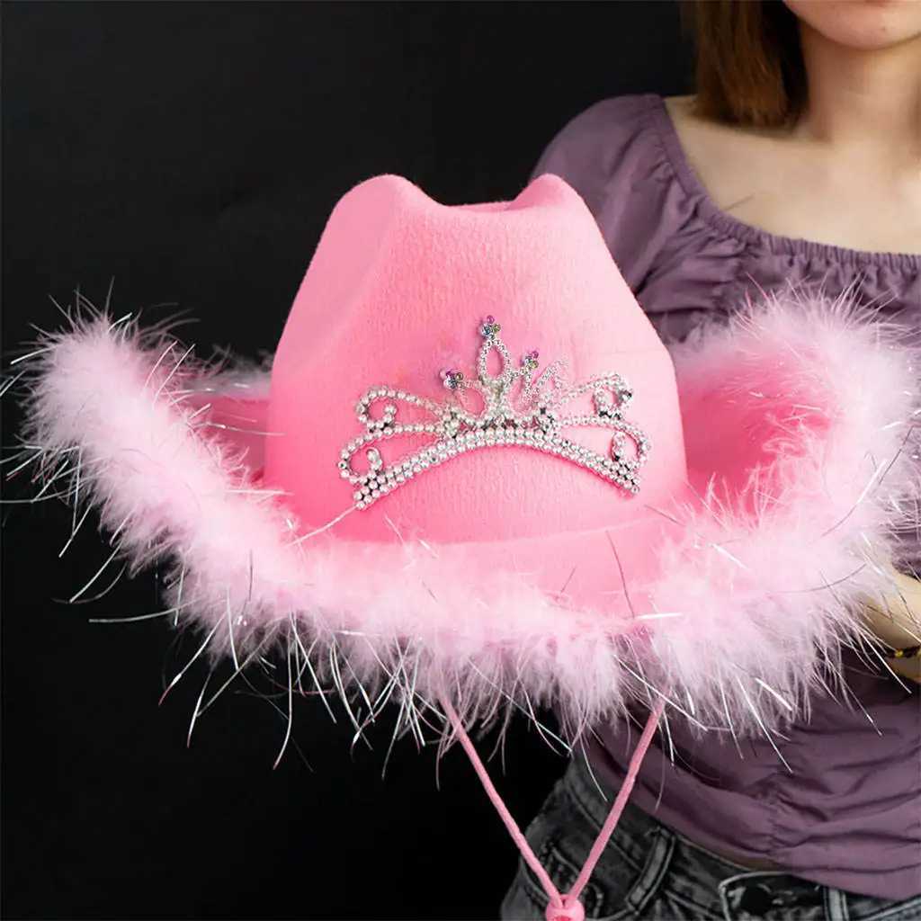 Western style denim hat pink womens fashion party decorated with crown headpieces and wide eaves W241225