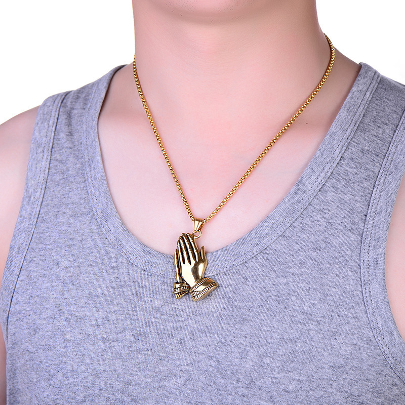 Launch Titanium Steel Stainless Prayer Hand Pendant Necklace Gold Silver Buddha Hand Men's Hanging Tag Wolf Tide 2024 New In Product Collar Jewel
