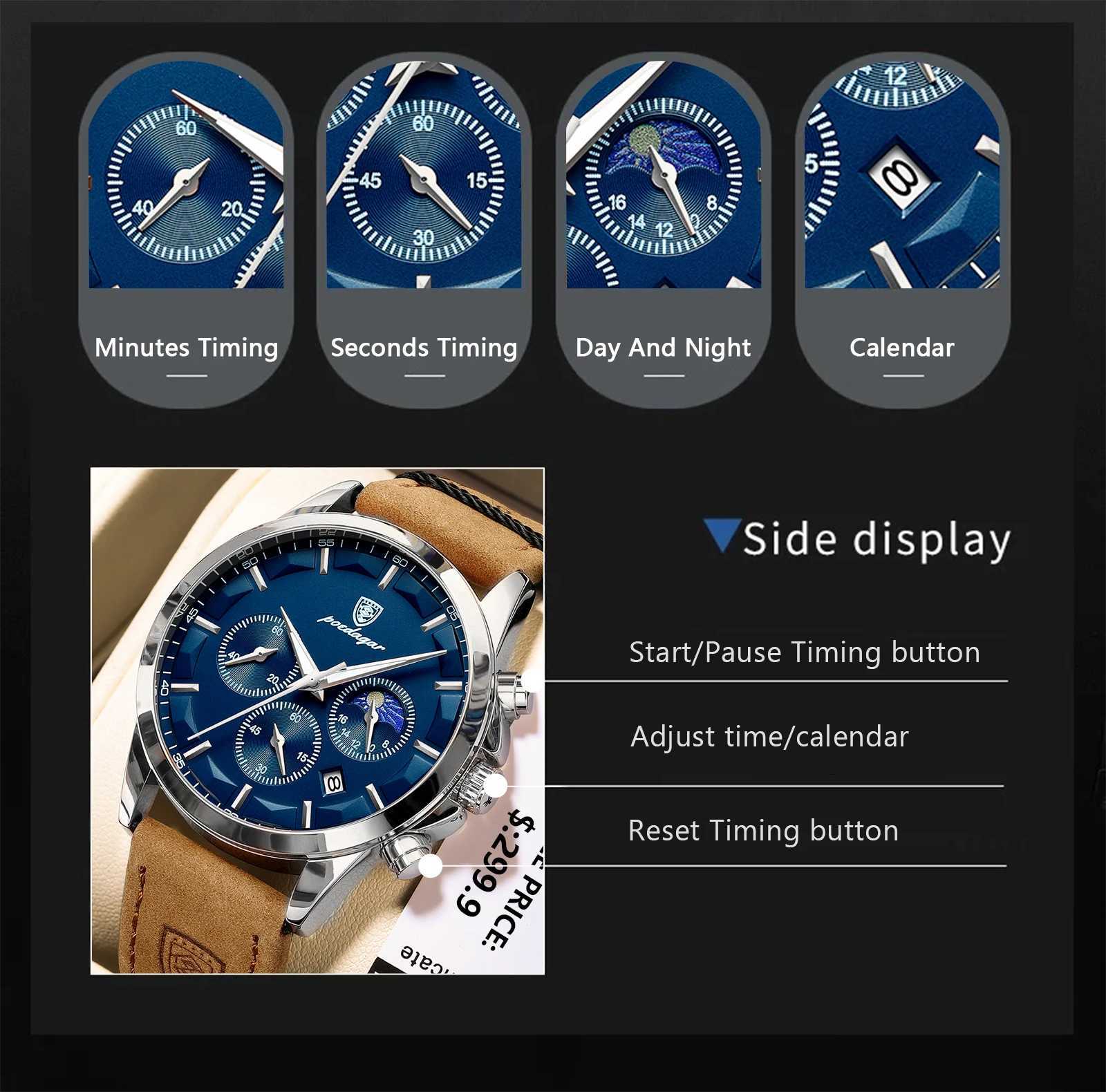 New Arrival POEDAGAR Casual Mens Watches Trend Fashion Quartz Watch for Man Waterpoof Leather Strap Luminous Date Chronograph New Z241226