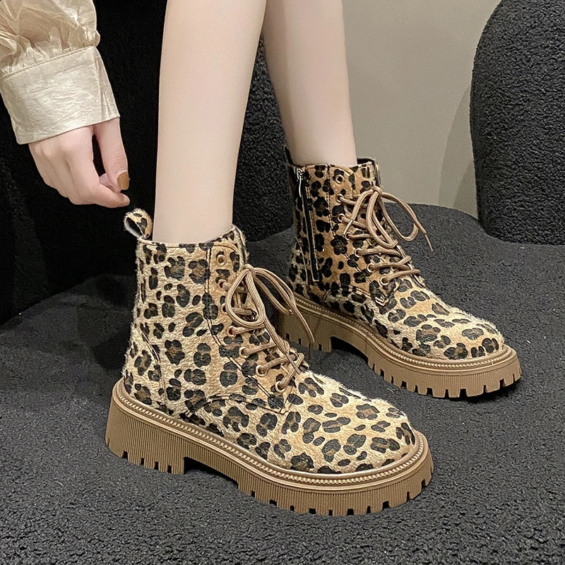Shoes for Women Cross-tied Womens Boots Fashion Leopard Print Casual Boots Women Side Zipp Round Toe Ankle Boots 241226