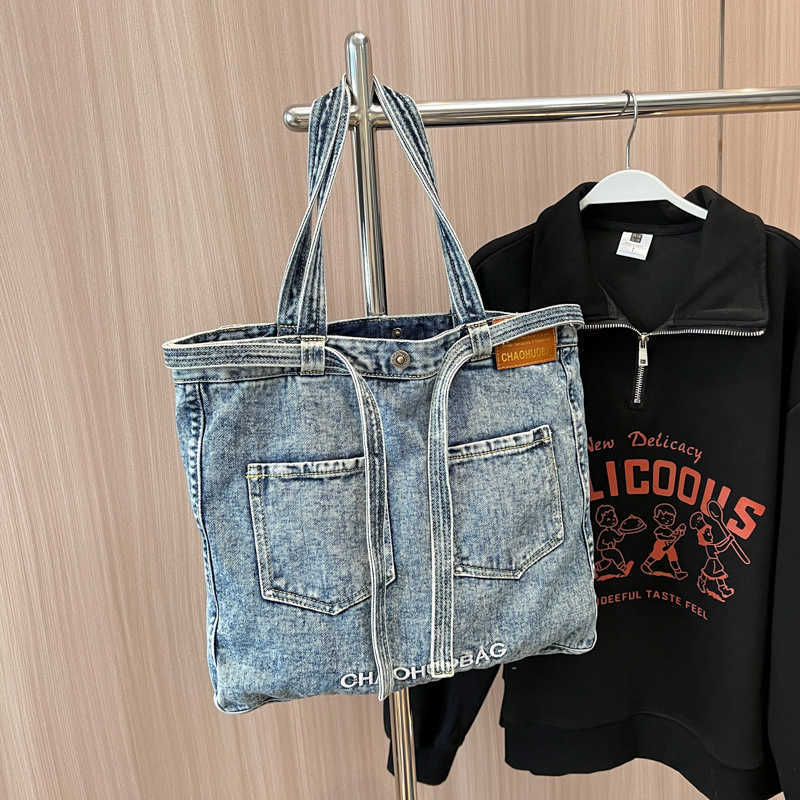 Denim Bag Fashion Embroidered Letter Shoulder Bag Double Pocket Large Capacity Women's Bag Big Tote Bag Trendy 241215