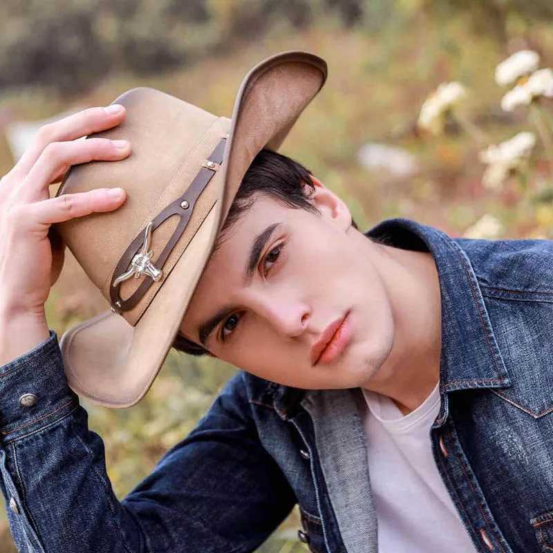 High quality Western cowboy hat mens fashion 2024 cool retro outdoor artificial leather cowboy hat wind rope Cs W241225