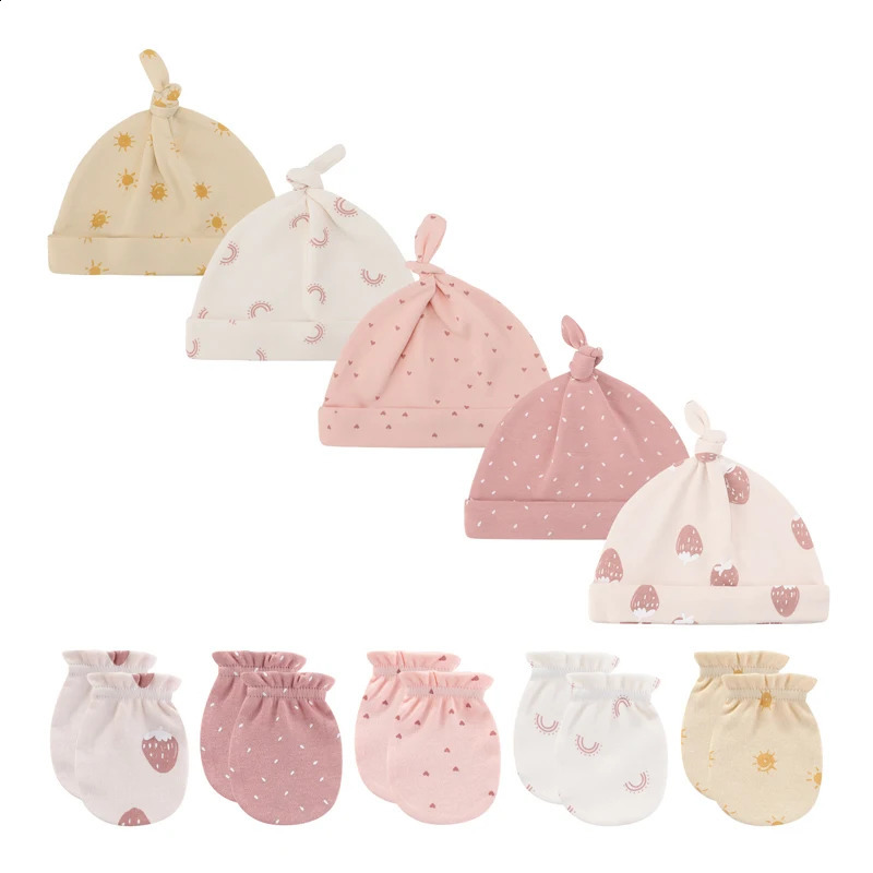 Unisex born Cotton Baby Boys Sleep Headwear Solid Color Fitted HatsGloves Set Girls Nightcap Cartoon Accessories 241225
