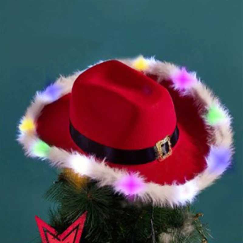 Christmas Cowboy Hat Womens Felt Cowboy Hat Party Glitter Christmas Hat Mens Role Playing LED Light Hat W241225