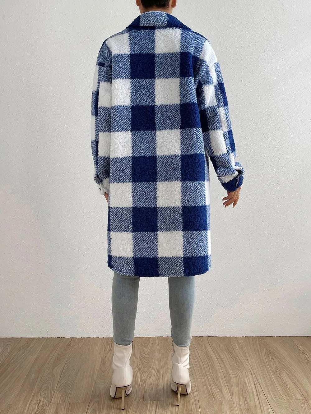 Women Long Plaid Fleece Sweatshirt Coat Autumn Winter Turn Down Collar Sleeve Pocket Button Loose Flurry XLong Trench 241223