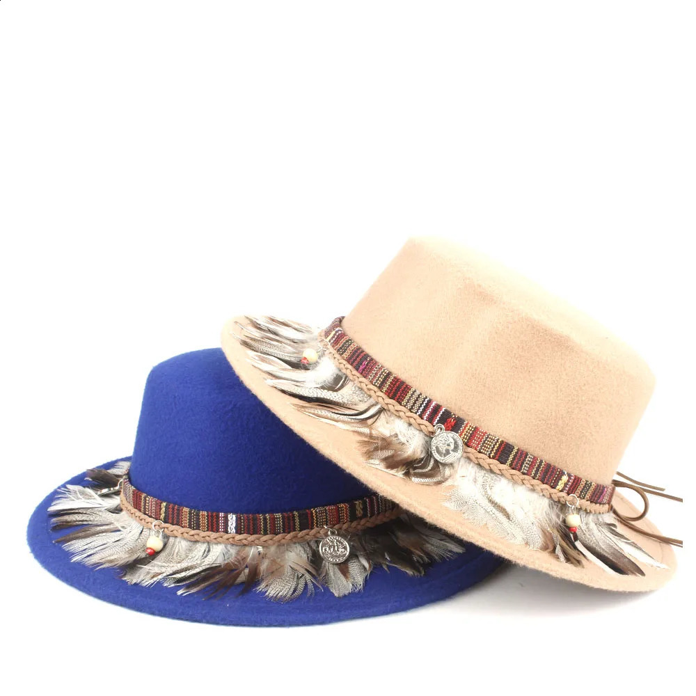 Unisex Men Women Fashion Flat Top Fedora Hat With Feather Birthday Party Hat Trilby Jazz Hat Adult Hat Size 56-58CM 241226