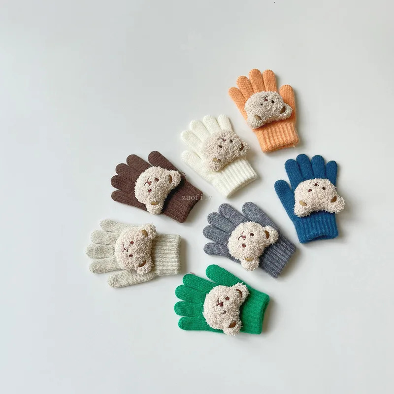 37Y Baby Cartoon Bear Mittens Winter Warm Kids Girl Solid Doll Gloves Knitted Children Toddler Thick Teething Mitten Handschoen 241225