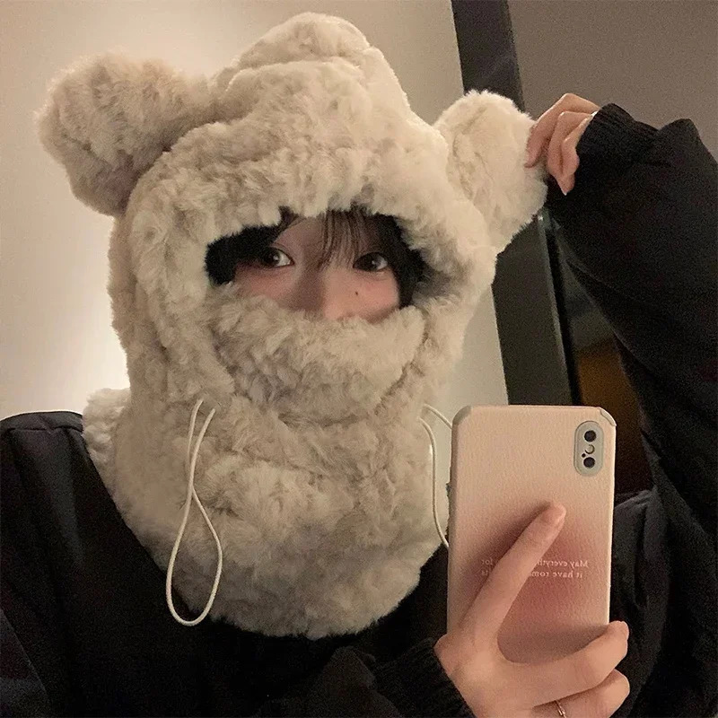 Women Winter Warm Hat Scarf Sets Plush Thickened All-in-one Kawaii Bear Ear Beanie Windproof Scarf Hooded Ear Protection Cap 241225
